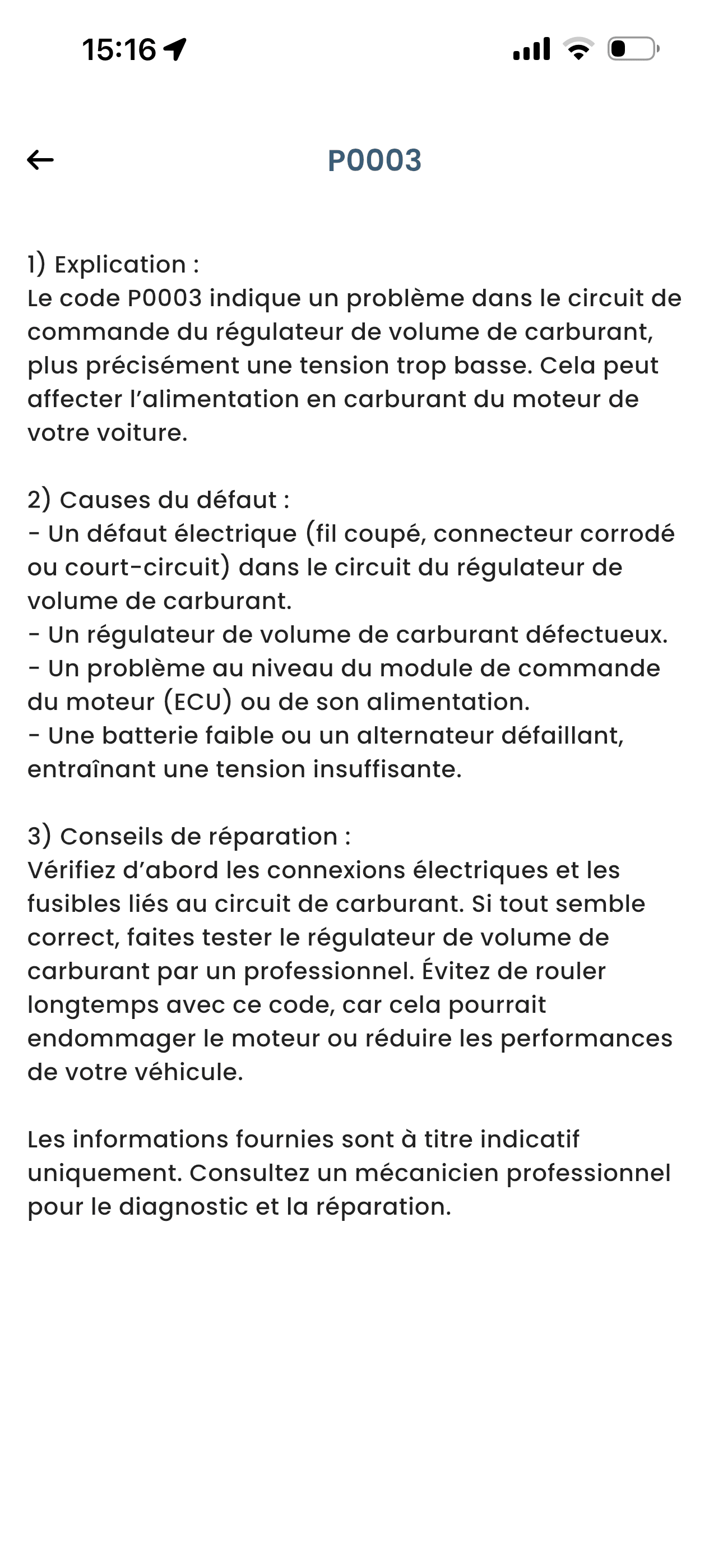 Détail d'un code défaut expliqué dans l'app CarAlgo