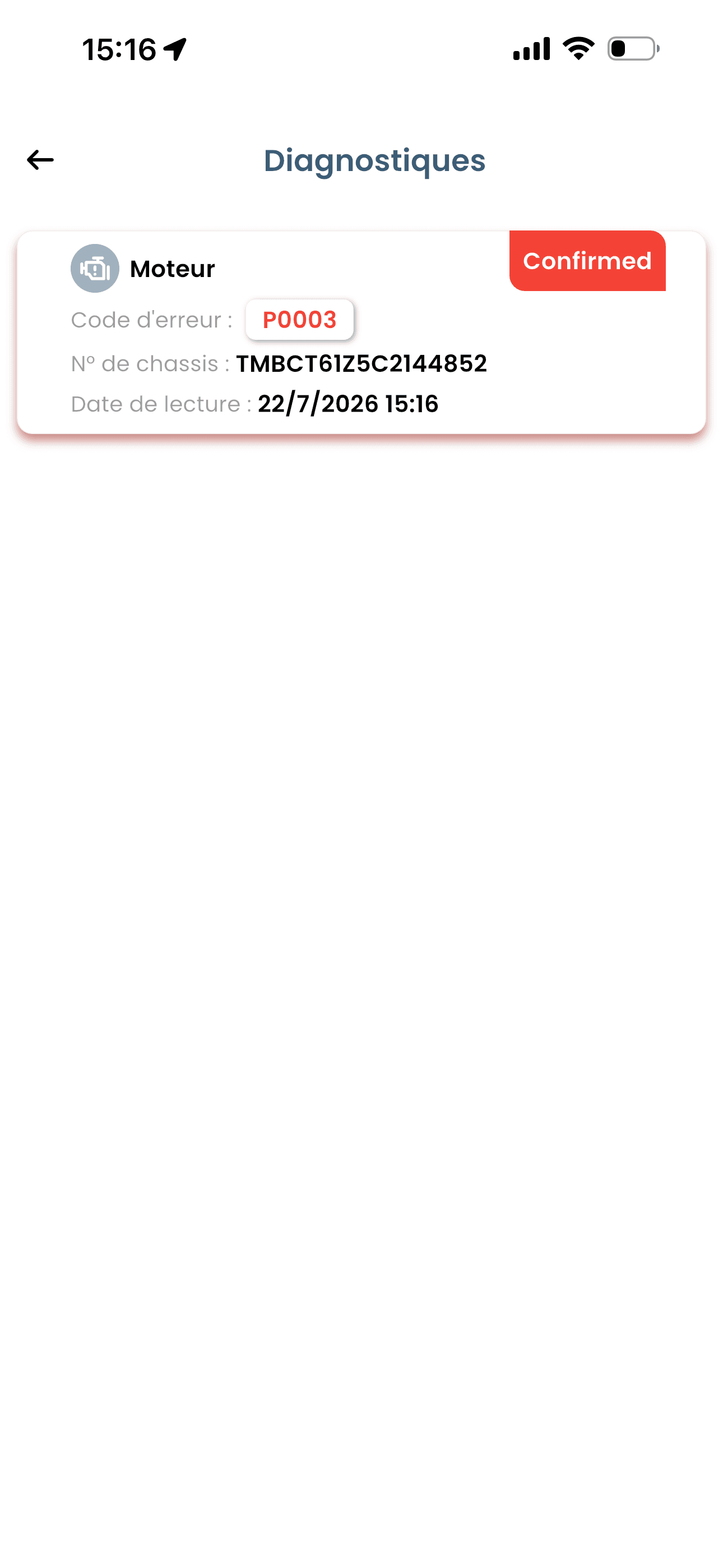 Liste des diagnostics dans l'app CarAlgo